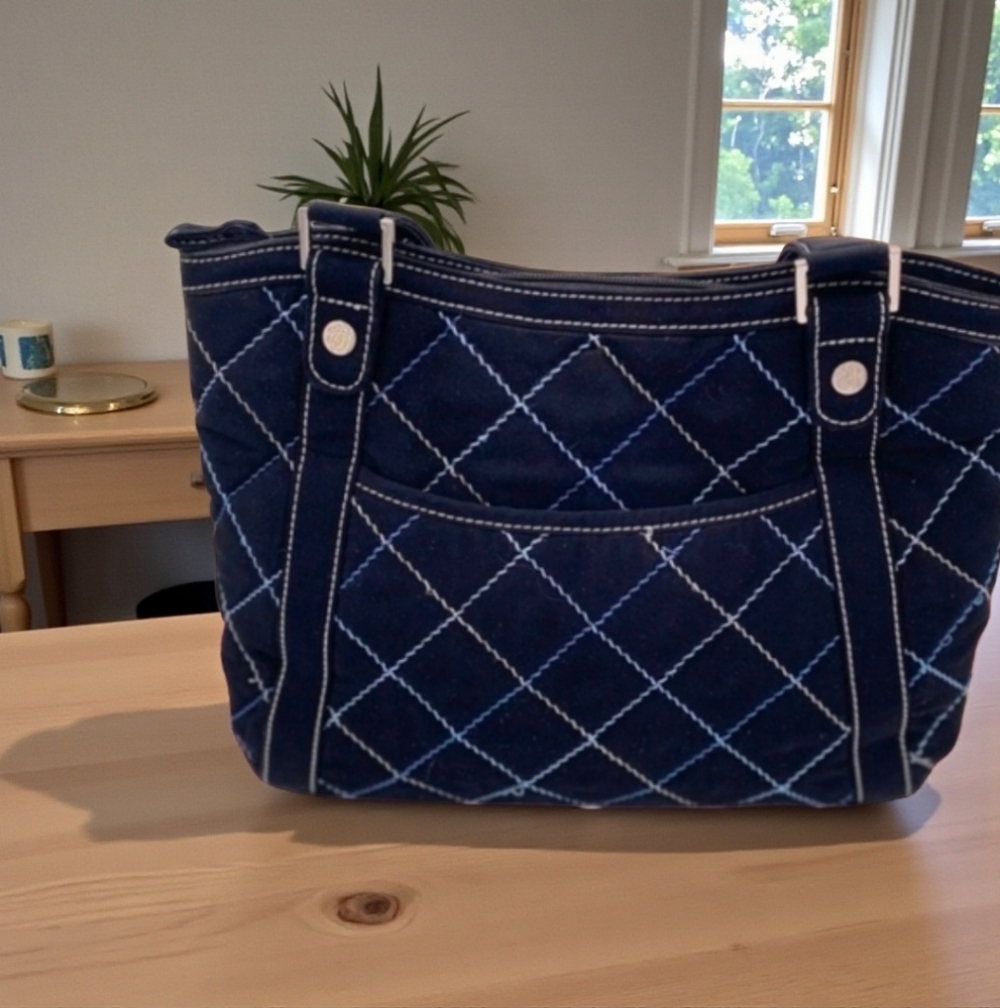 Vera Bradley Navy Quilted Tote with Light Blue Stitching